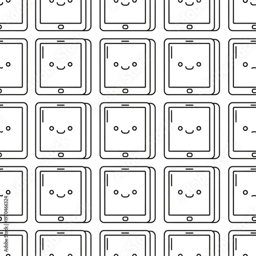 Cute Kawaii Tablet Characters Seamless Pattern Outline.