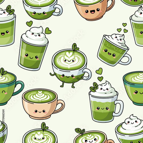 Cute Matcha Drinks Kawaii Characters Seamless Pattern.