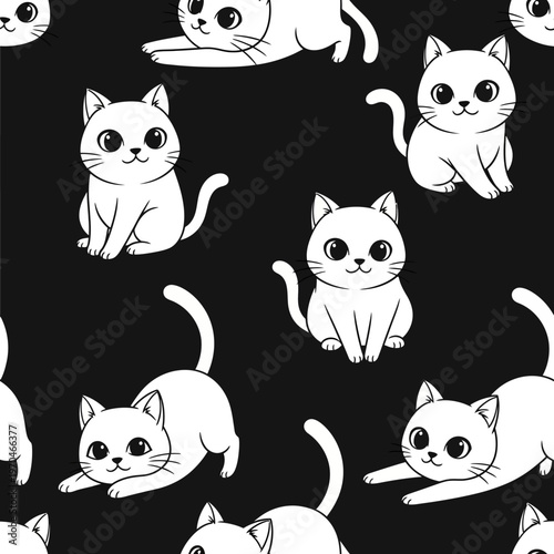 Seamless pattern of cute cartoon white kittens.