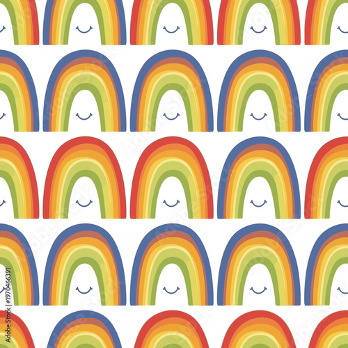 Seamless Pattern of Cute Smiling Rainbows Repeating.