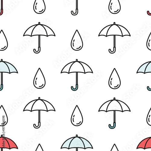 Seamless Pattern of Cute Umbrellas and Raindrops.