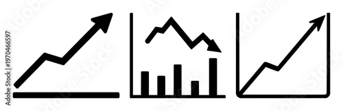 Downward market trend chart icon set with solid black form on white background featuring line chart, bearish trend, monetary indicator with finance and analytics