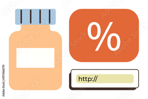 Pharmaceutical savings, online medicine shopping, healthcare access, e-commerce, medication costs, digital health services. Medicine bottle, discount percentage and web URL bar. Online medicine