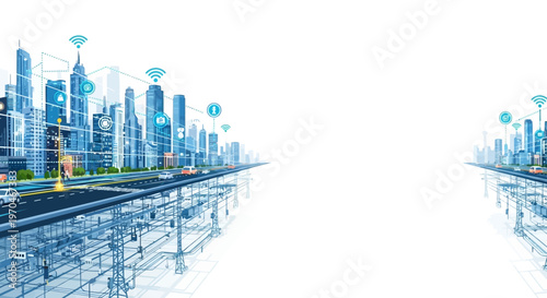 Detailed 3D isometric illustration of a smart city showcasing urban infrastructure with connected buildings, roads, and transport, designed with a clean vector style and a focus on IoT