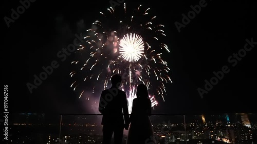 Couple Silhouettes Watching Spectacular Fireworks Display Over Cityscape.