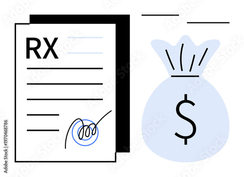 Healthcare costs, medical billing, prescription pricing, pharmaceutical expenses, financial management, insurance. RX form alongside money bag. Healthcare costs and medical billing