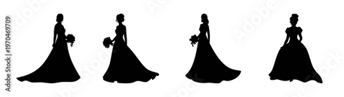 Elegant black silhouette of women in gowns fashion design show runway model illustration art