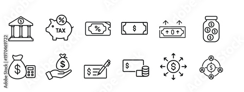 Tax and business line icons set featuring bank building piggy bank money bag calculator bank check and money jar and more vector illustration with editable stroke.