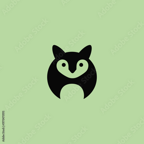Minimalist Black Owl Icon on Light Green Background.