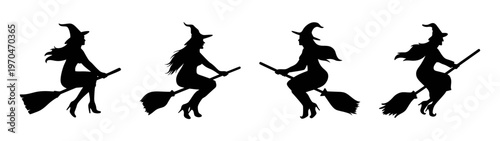 Halloween witch silhouette vector art featuring flying witches on broomsticks for spooky designs