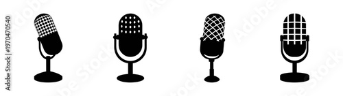 Vintage microphone collection vector illustration for podcasting studio and audio recording design needs