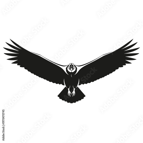 Clean graphic illustration of a magnificent large bird in flight, wings majestically spread, embodying the spirit of avian power and freedom as a robust emblem