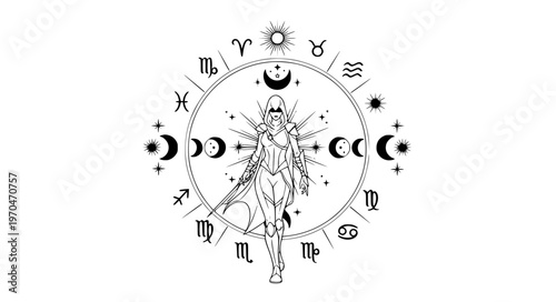 Assassin Vector with Zodiac Symbols and Celestial Elements in Mystical Line Art Style