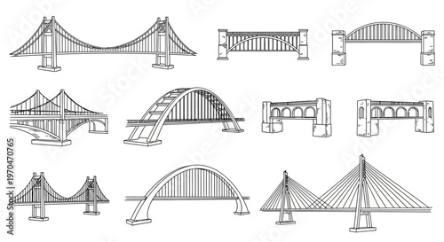 Bridge sketch collection with suspension arch and truss designs