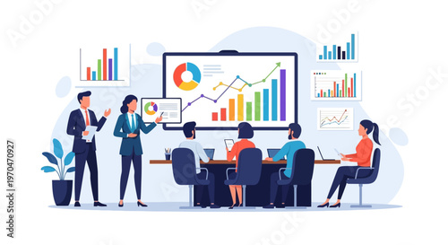 In a brightly lit office, a team of business people presents a colorful data chart on a large screen during a meeting, with a flat vector design and a concept of successful teamwork
