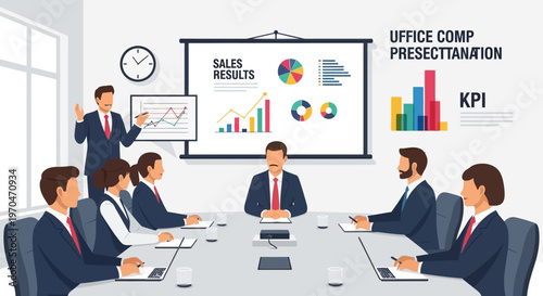 Illustration of businesspeople in a presentation meeting, with one businessman presenting sales results on a chart projected on the screen, in a brightly lit office space that promotes
