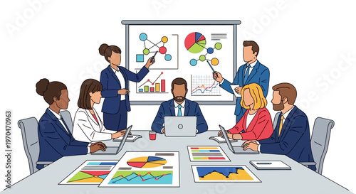 A diverse group of business professionals are gathered around a conference table in an office for a presentation, reviewing colorful charts and data on a laptop in a vector-style