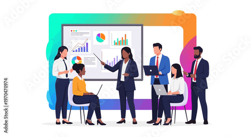 In a brightly lit office, a diverse group of business professionals gathers around a large screen displaying data charts and graphs, with one businesswoman pointing to the display