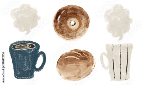 ホットコーヒーと湯気と焼きたてパンのセット