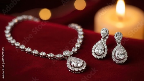 Diamond necklace and earrings on red velvet with candle