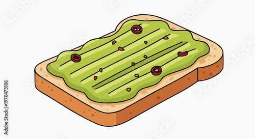 A delightful illustration of avocado toast. A slice of toast is spread with avocado and garnished with small toppings.