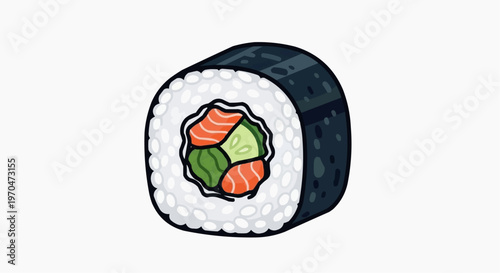 A close-up shot of a sushi roll with colorful fillings. The roll is wrapped in nori seaweed, with visible rice and fresh ingredients inside. 