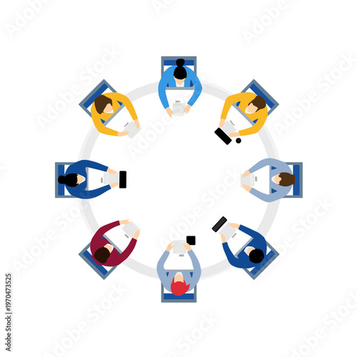 Top View Vector Illustration of Business Team Meeting and Brainstorming Around a Round Table