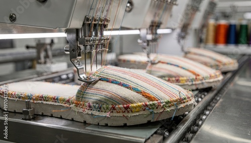 Overlock stitching robots seamlessly binding slipper edges with multithread loops highlighting efficient trim finishing and highspeed production in an advanced factory setting.