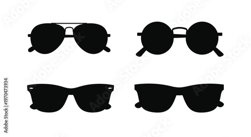 Four pairs of sunglasses displayed in a stark black silhouette