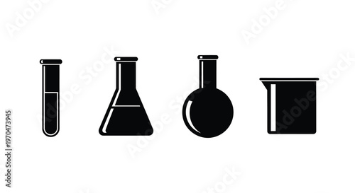 Four laboratory glassware items displayed in a striking black silhouette