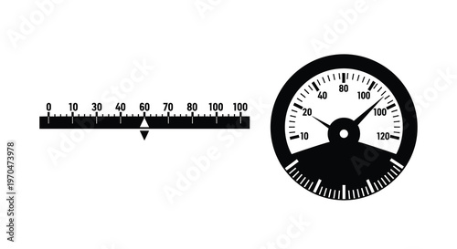 Black gauge with needle and linear scale distinct black silhouette