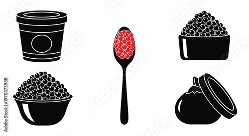 Caviar presentation with spoon bowl and container in black silhouette