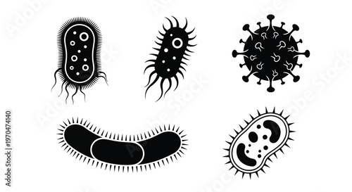 Various microscopic bacteria and virus forms presented as a bold silhouette