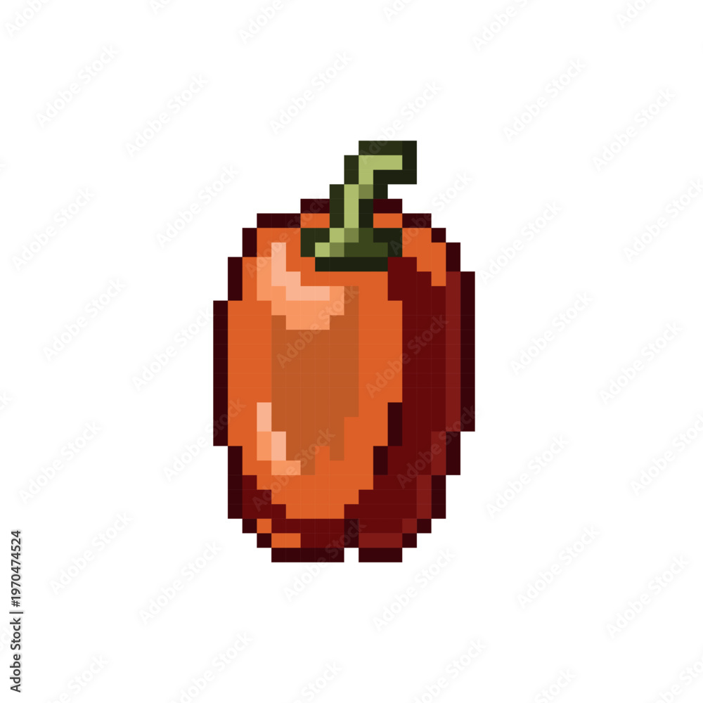Fototapeta premium Vector pixel art orange bell pepper icon, sweet vegetable isolated on whiteустройство