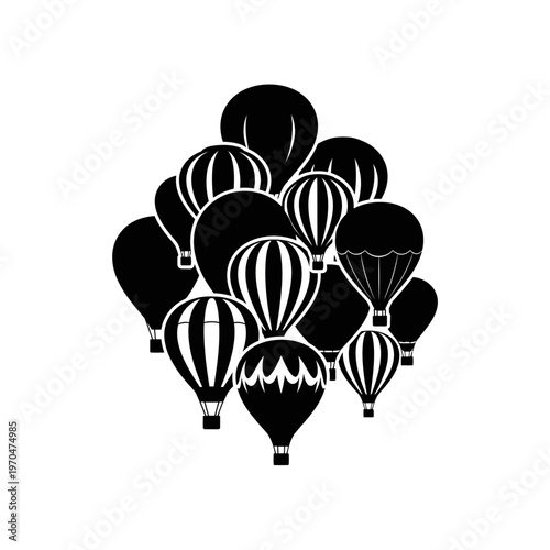A captivating collection of hot air balloons arranged in a dynamic cluster, evoking a sense of adventure and wonder