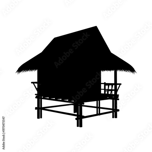 A simplistic black silhouette of a tropical hut with a thatched roof resting on stilts