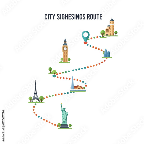 Illustrated travel itinerary connecting famous global destinations with a clear sightseeing route, showcasing a planned path for exploration and discovery