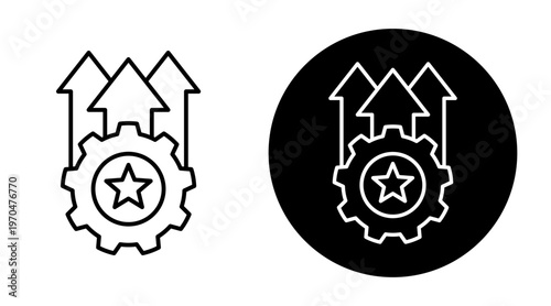 Outline gear icon with upward arrows symbolizes production growth and operational excellence in business, on a transparent background.