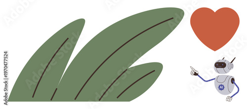 Artificial intelligence, eco-friendly innovation, love, robotics, sustainability, environmental awareness. A robot pointing to a heart next to leafy shapes. AI and eco-friendly innovation concept
