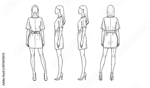 Fashion figure template vector of slim woman in front side back views, nine-head proportions