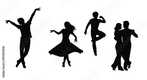 Dancing figures in dynamic poses captured as a striking black silhouette