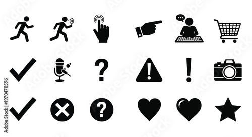 Collection of diverse black icons depicting common actions and objects silhouette