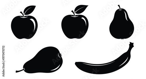 Black fruit shapes including apples pears and a banana silhouette