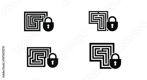 Four black maze icons with padlock symbols a striking silhouette