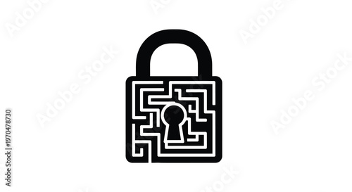 A black padlock with a labyrinth design stark silhouette