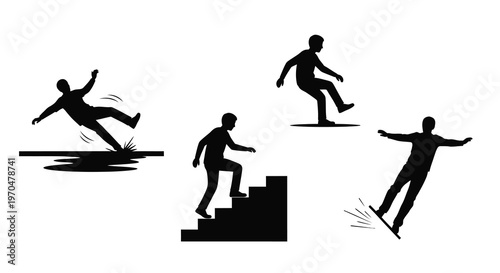 People falling and stumbling in different scenarios a dark silhouette