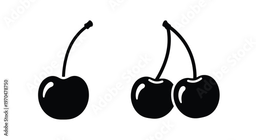 Two cherries with stems displayed as a bold black silhouette