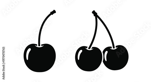 Two cherries with stems presented as a striking black silhouette