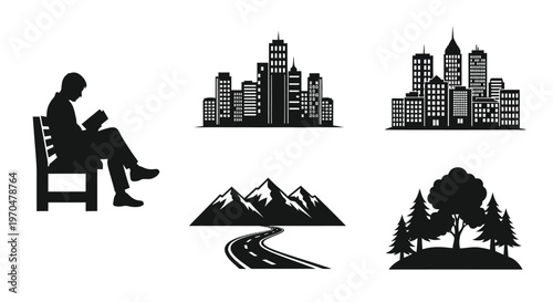 Man reading on a bench overlooks a stylized city landscape silhouette