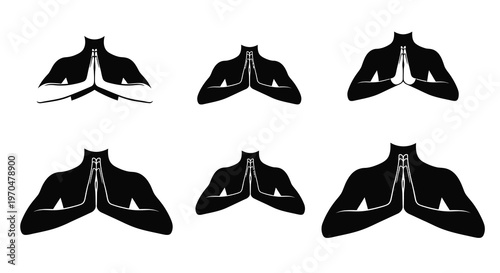 Six praying figures in a minimalist black silhouette